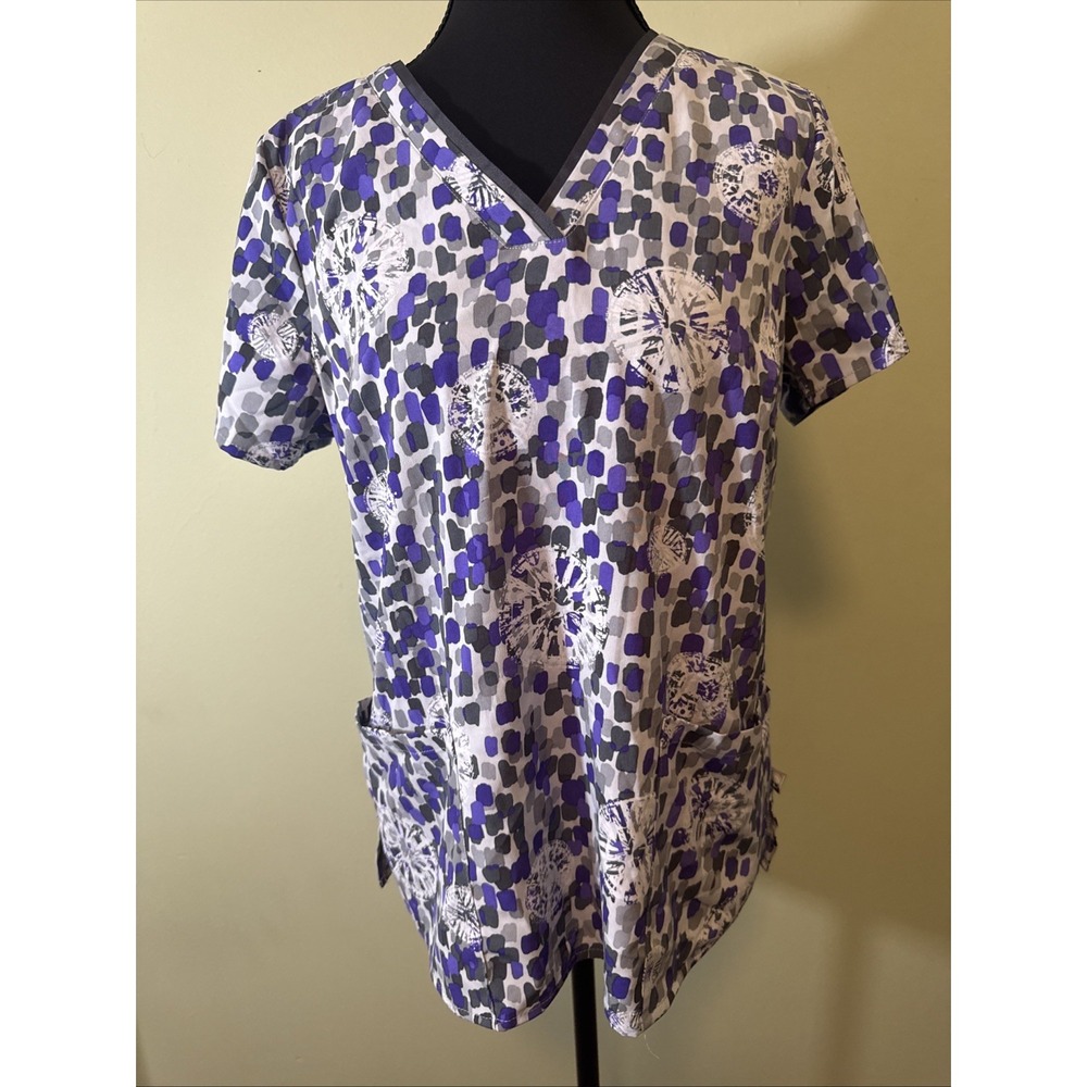 Healing Hands Purple Label Scrub Top‎ Grosgrain V-Neck Short Sleeve Purple Small